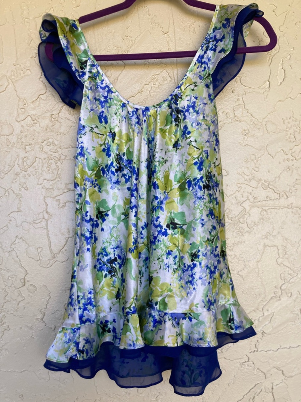 Oscar de la Renta Floral Ruffle Tank Top in Blue & Green